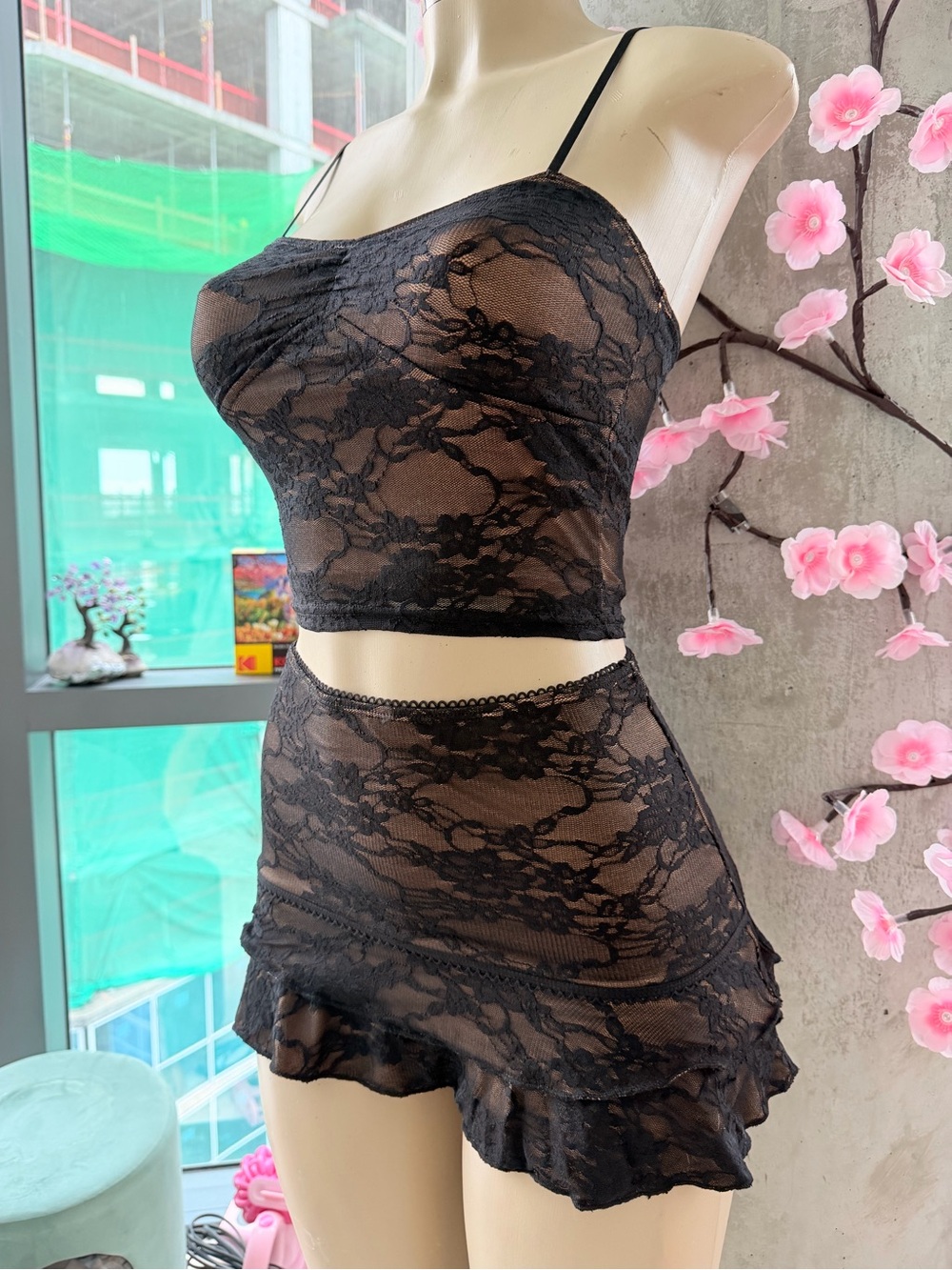 Fashion Nova Black Lace Crop Camisole & Mini Skirt Set Size XS